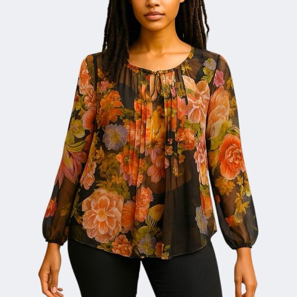 Dark Floral Sheer Blouse S Brown Multi Pin Pleats Fairycore Whimsigoth Ethereal - Picture 1 of 12